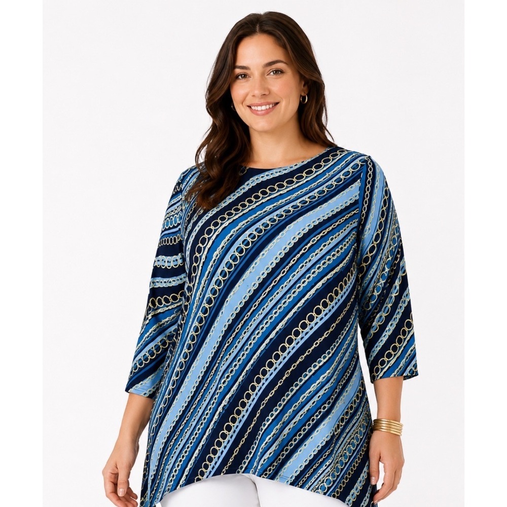 JM Collection Blue Diagonal Chain Print Sharkbite Tunic Blouse 3/4 Sleeve 1X